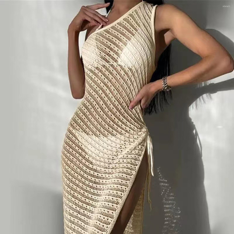 Women's Sheer Mesh Cutout Knit Long Dress Asymmetric Neck Sleeveless
