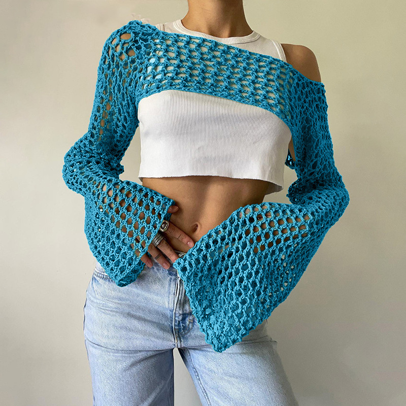 Women's Crochet Mesh Crop Top with Bell Sleeves