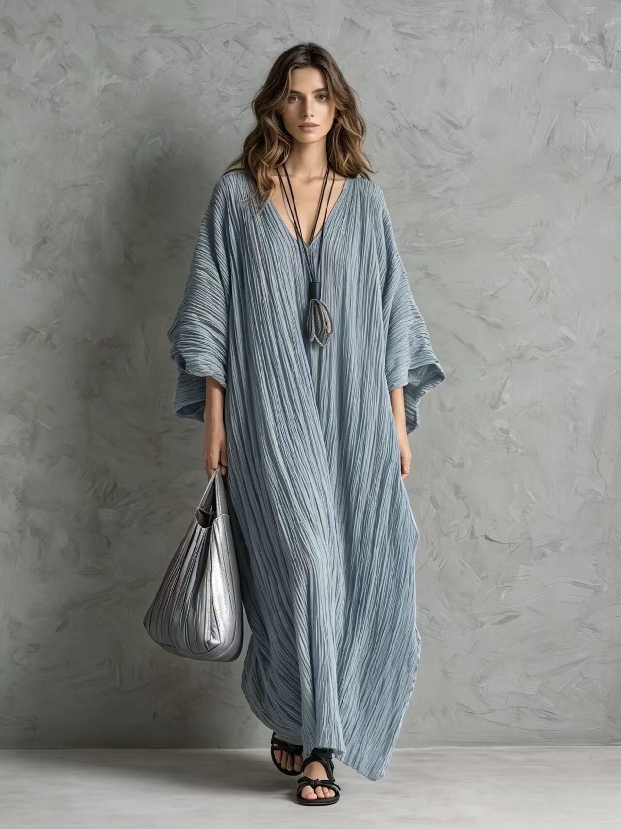 Women's V-Neck Caftan Maxi Dress with Pockets