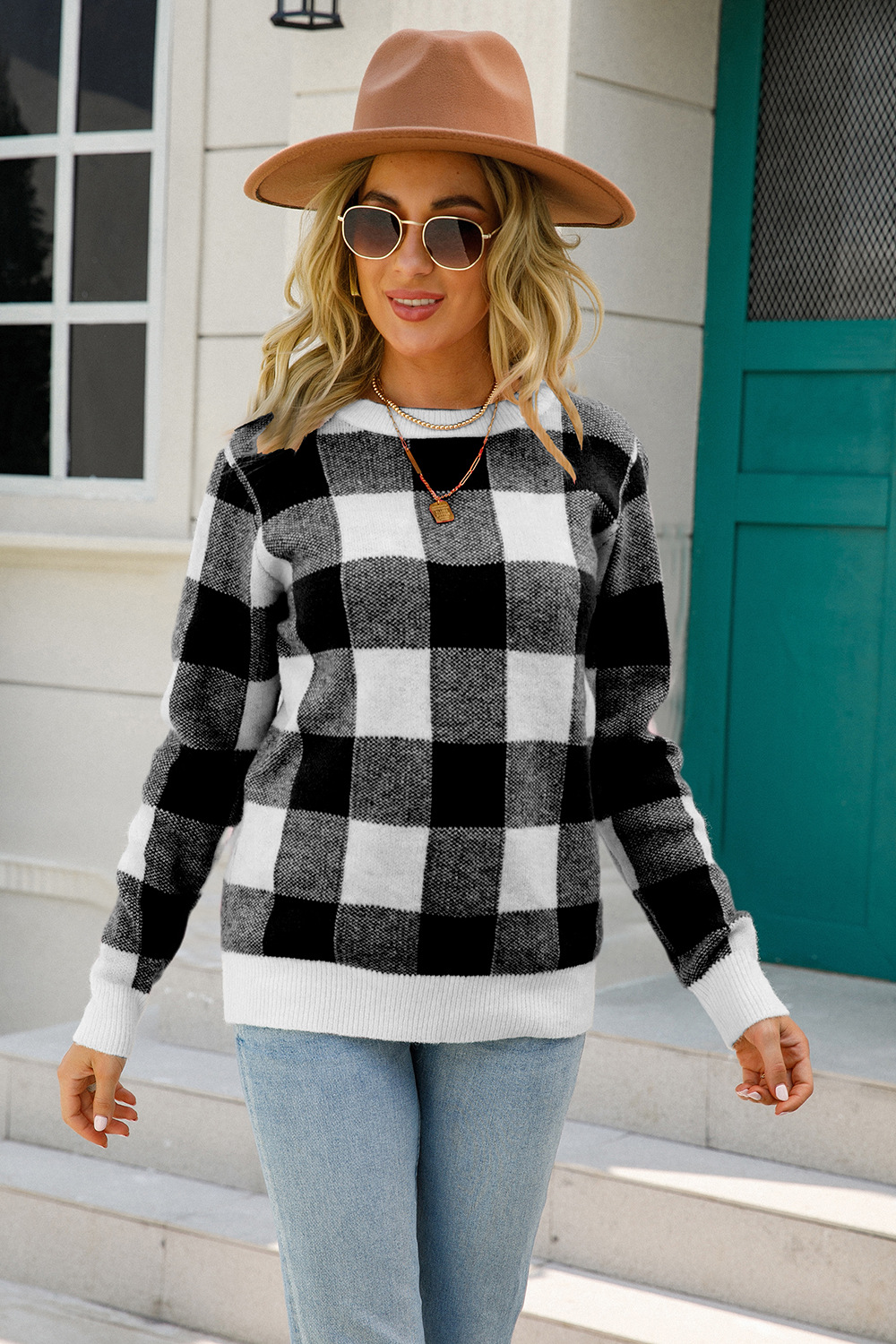 Winter Long Sleeve Crewneck Plaid Knit Pullover Sweater