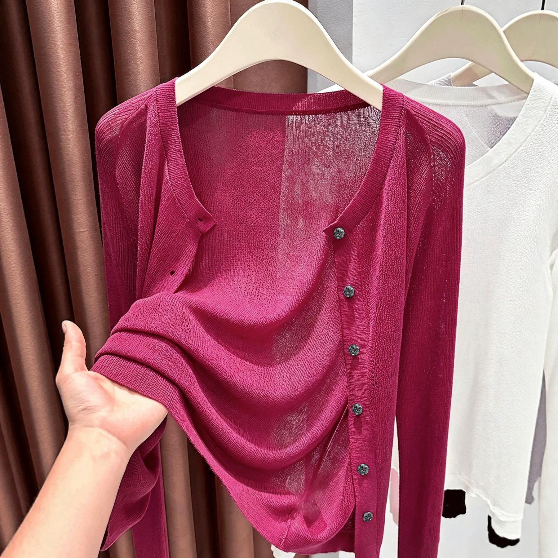 Women's Plus Size Knit Cardigan Button-Down Long Sleeve Crew Neck