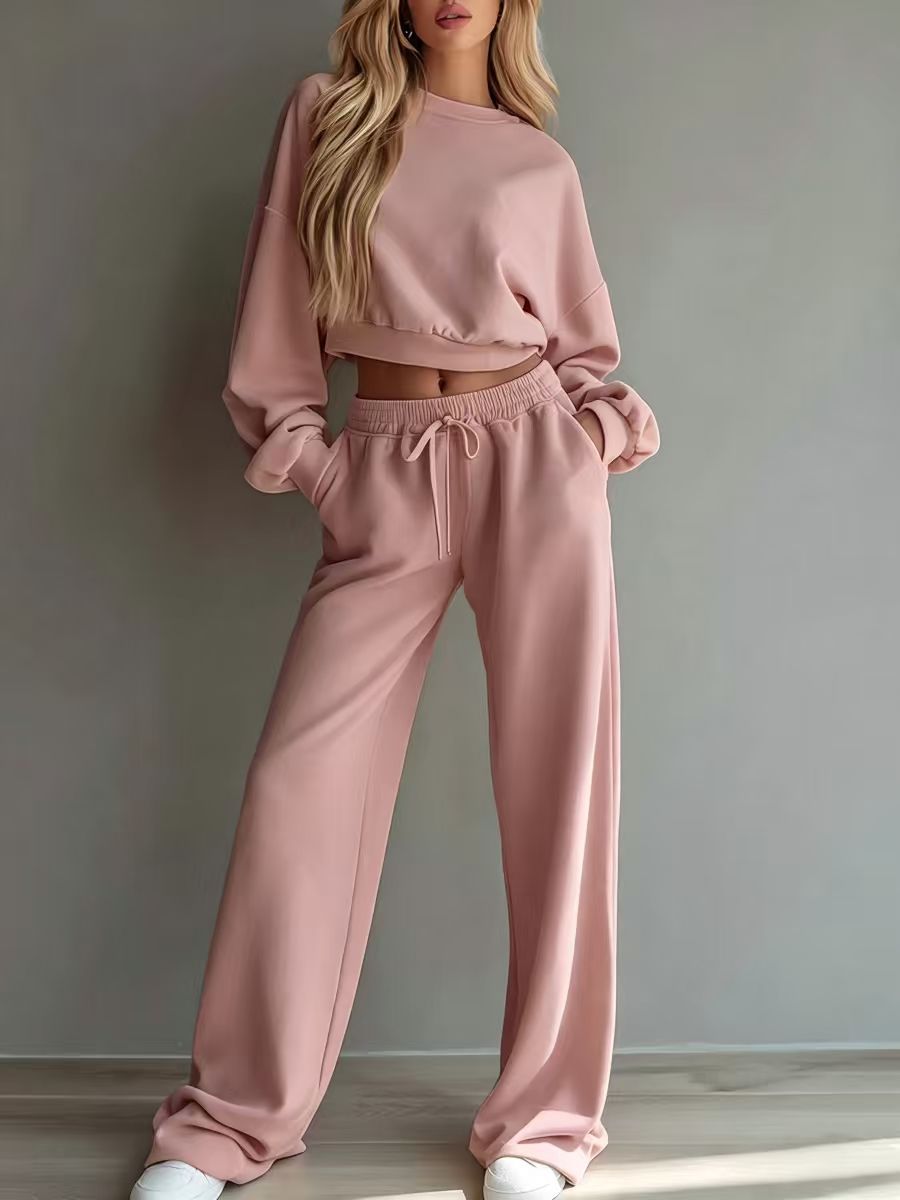 Minimalist Long-Sleeve Sweatshirt and Wide-Leg Pants Set