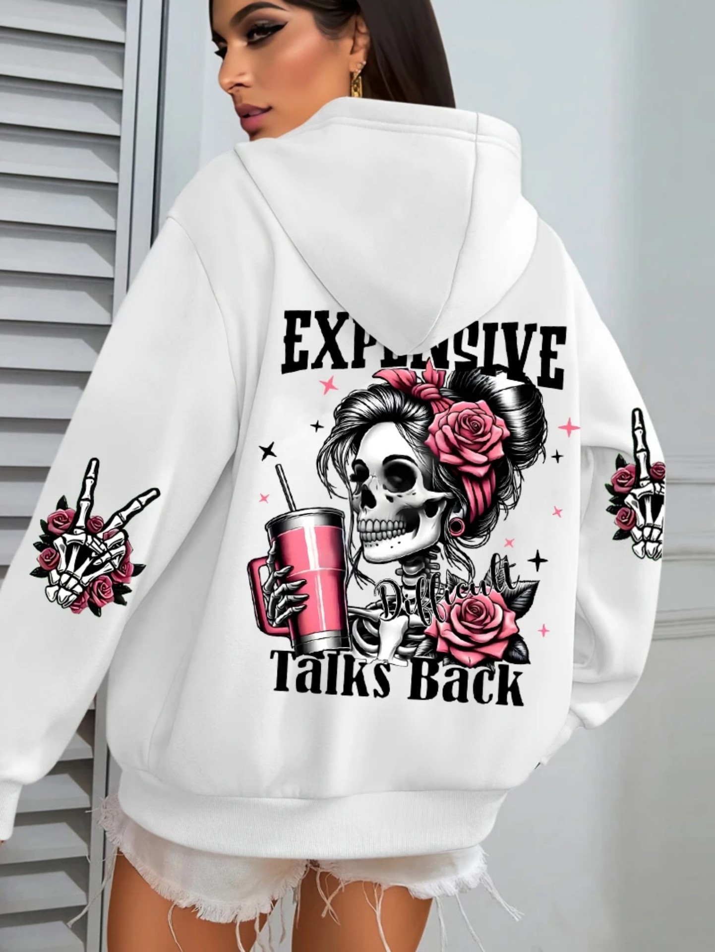 Women's Pink Skull Soda Print Hoodie