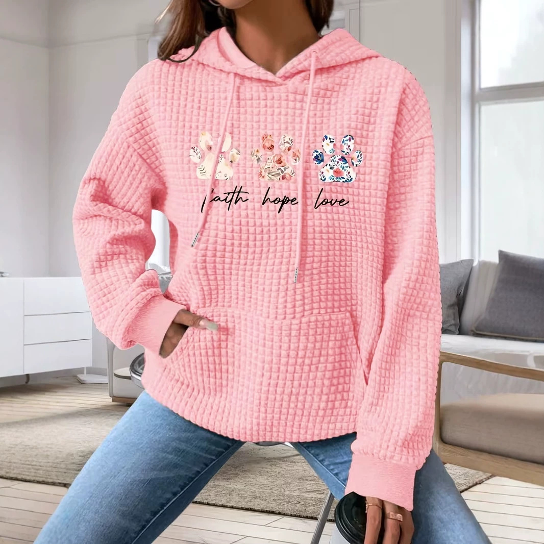 Women's Animal Paw Print Waffle Knit Hoodie Casual Pullover