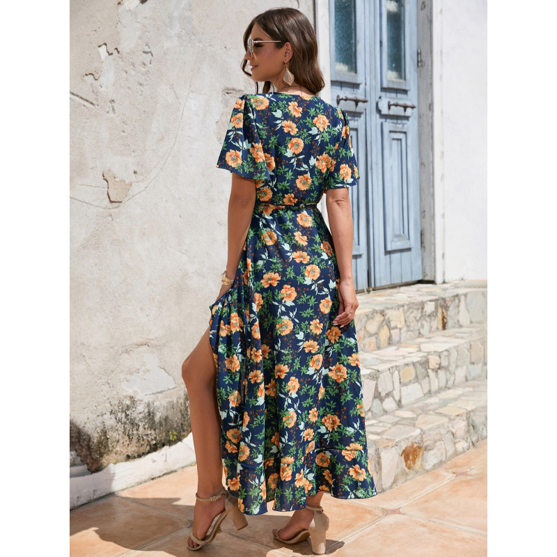 New One-Shoulder Chiffon Maxi Dress with Ruffled Sleeves