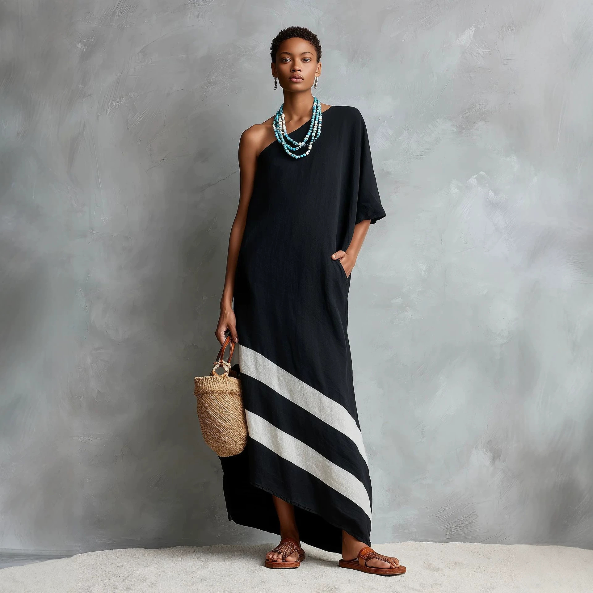 Minimalist Color-Block Linen-Blend One-Shoulder Long Dress