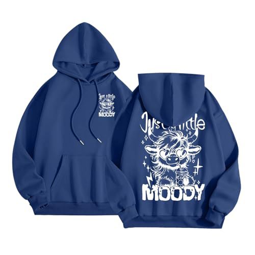 Women's Moody Letter Print Hoodie with Bull Head Sunglasses Graphic