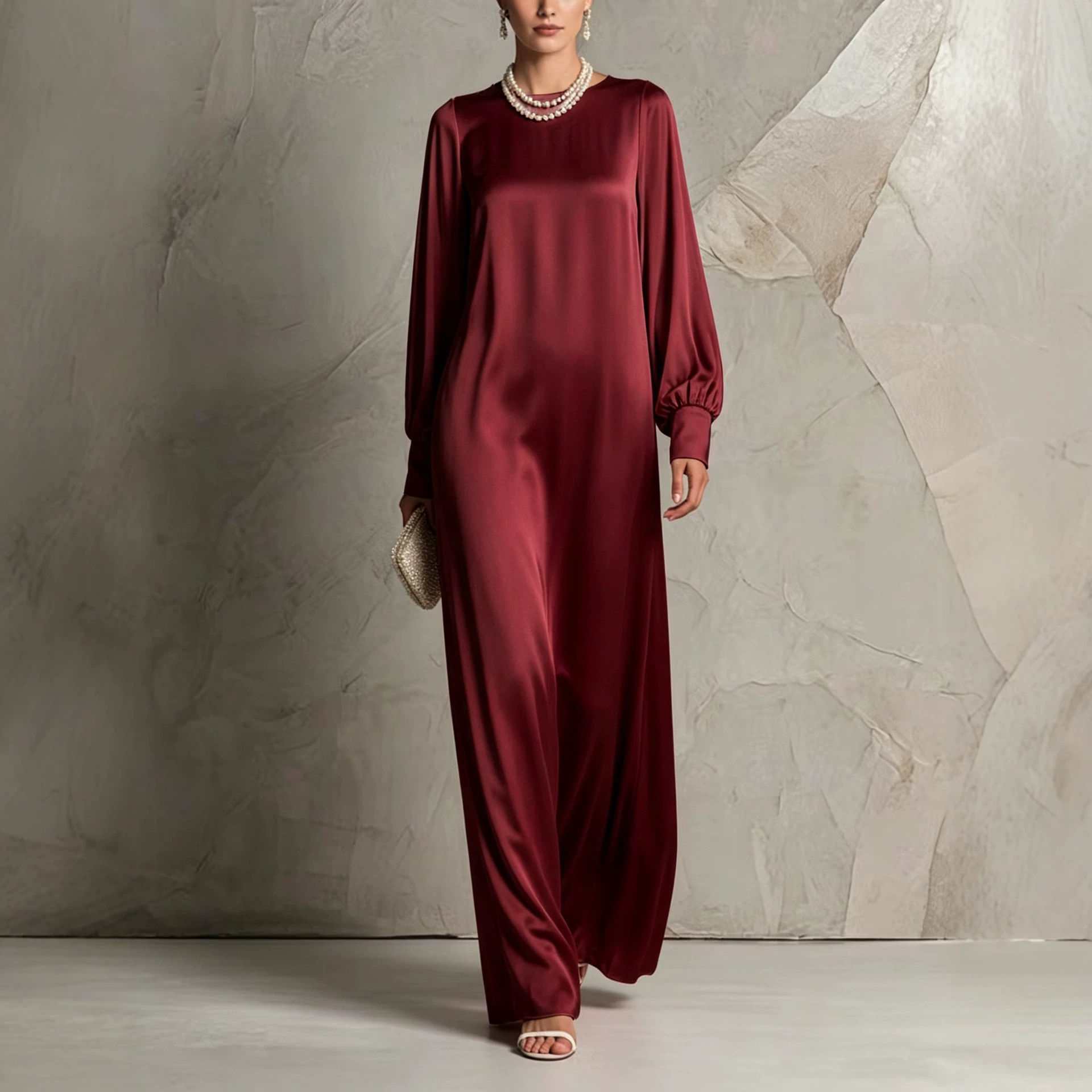 Solid Silk-Feel Lantern Sleeve Maxi Dress with Round Neck and Flowing Oversized Skirt