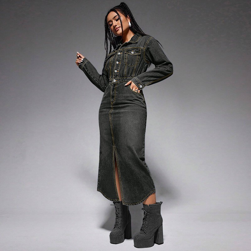 Retro Denim Long Sleeve Maxi Dress with Belt