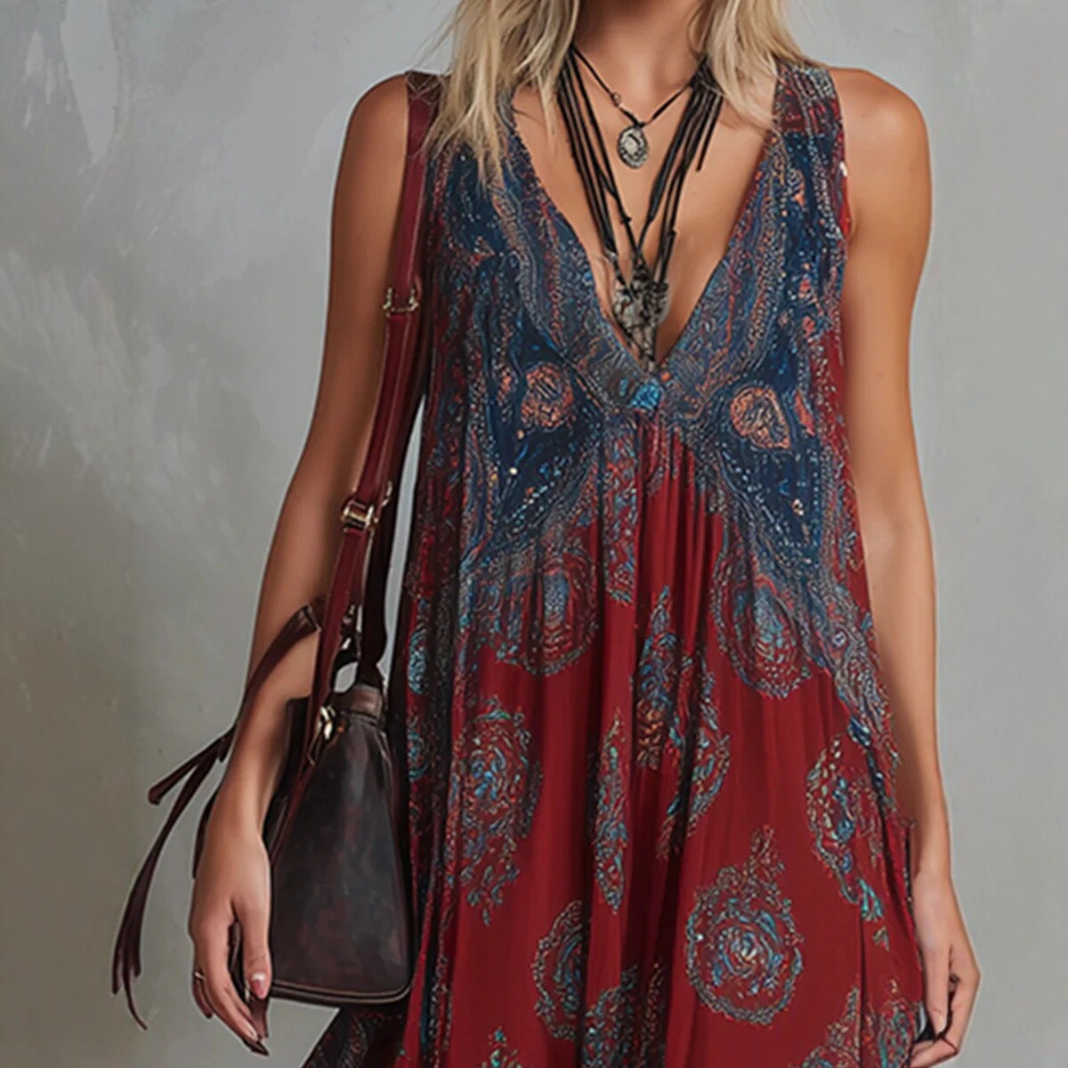 V-Neck Sleeveless Printed Maxi Dress