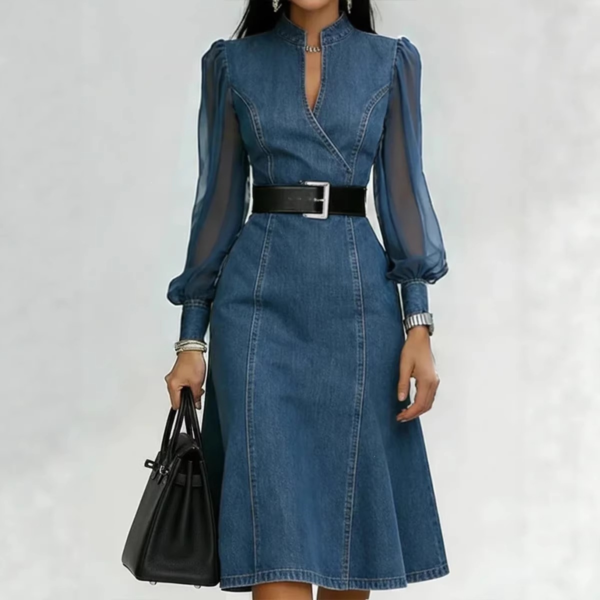 Long Sleeve Stand Collar Cinched Waist Denim Dress