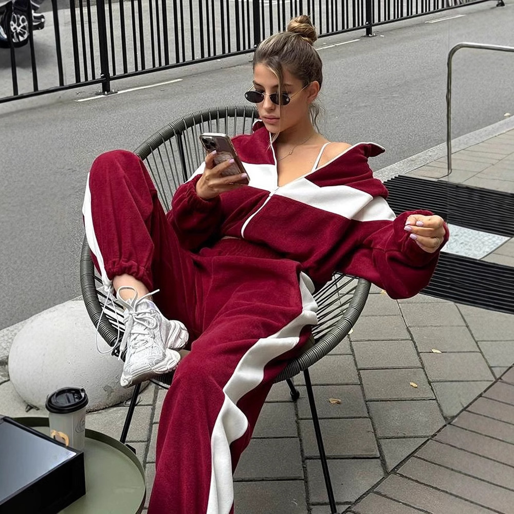 Women's Casual Colorblock Zip Cardigan and Pants Two-Piece Set