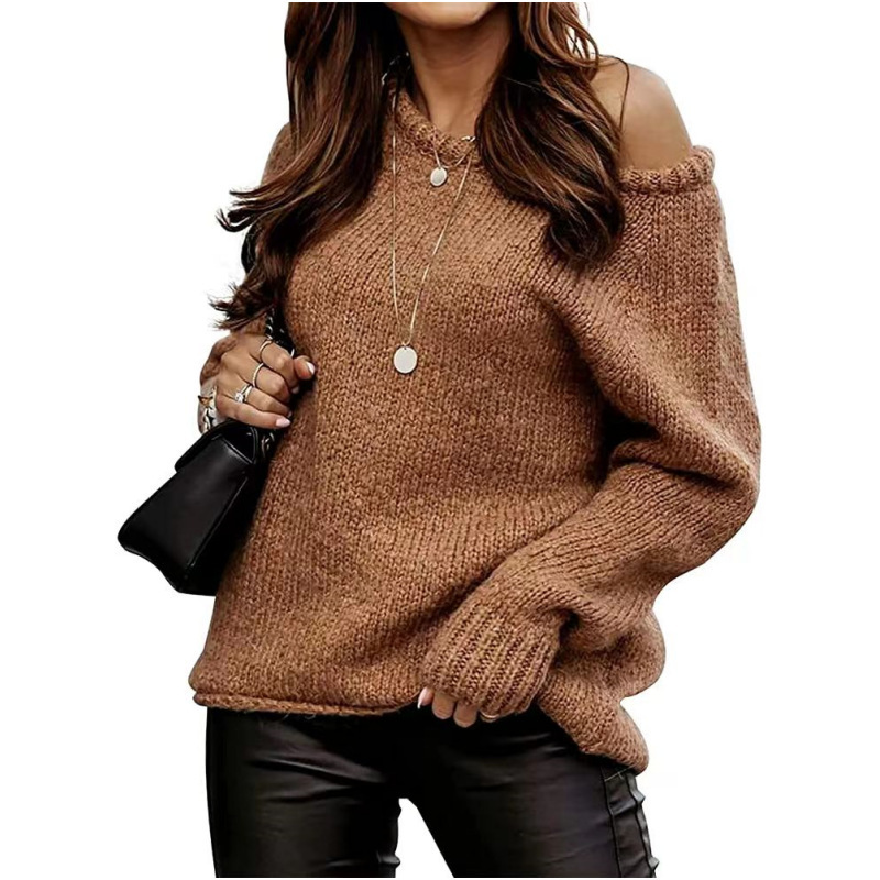 Off-Shoulder Crewneck Pullover Knit Sweater Solid Color Loose Fit