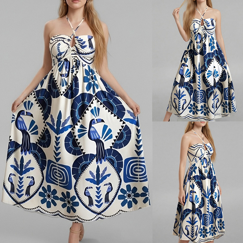 Women's Halter Neck Printed High Waist Midi Dress