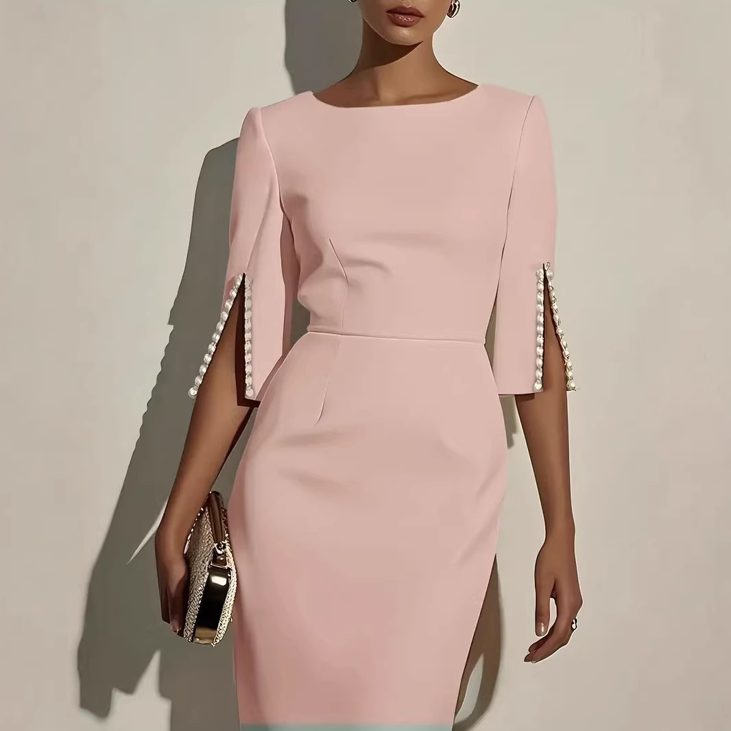 Solid Beaded Slim Fit Midi Dress