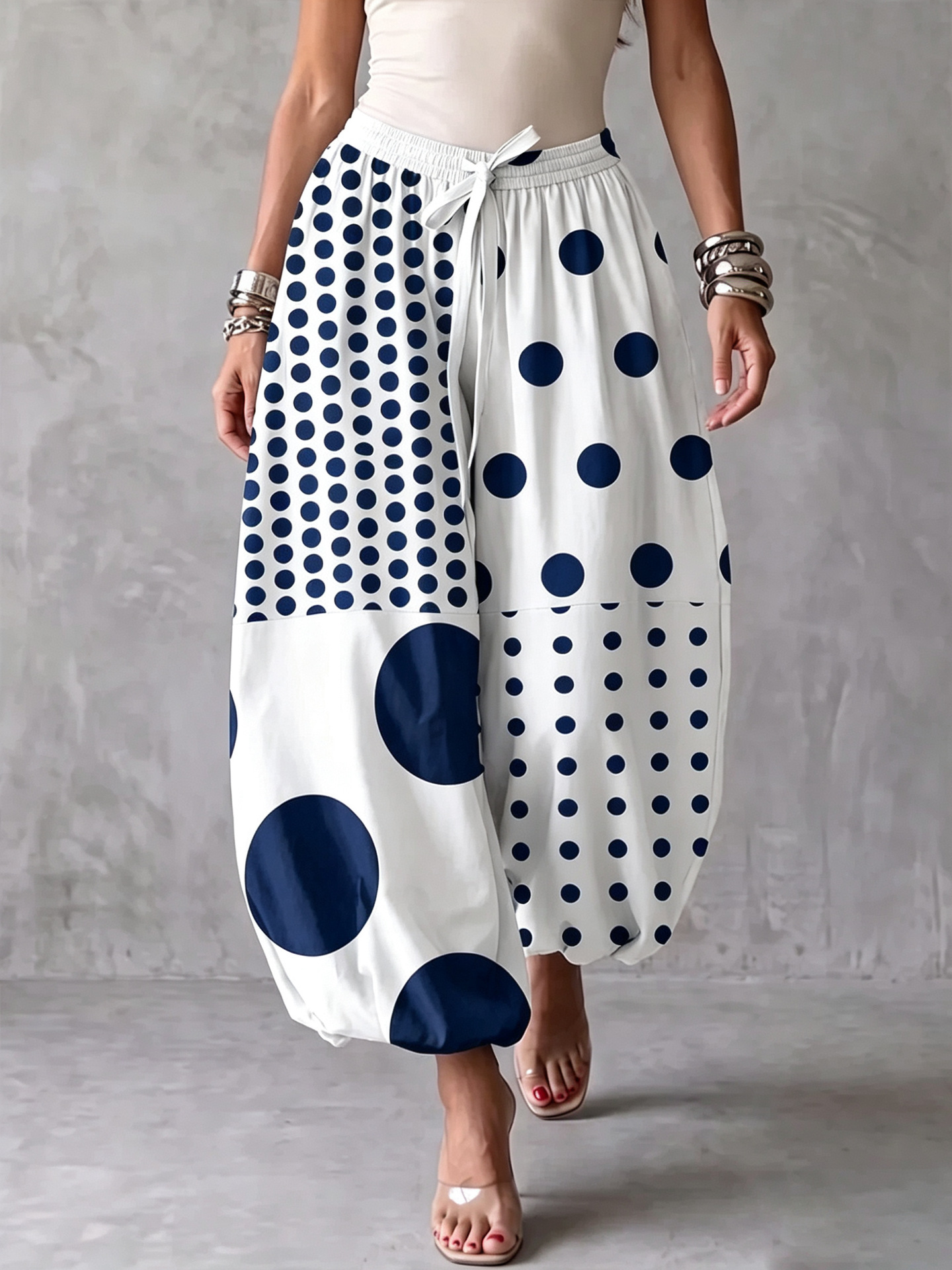 Asymmetric Polka Dot Print Drawstring Jogger Pants