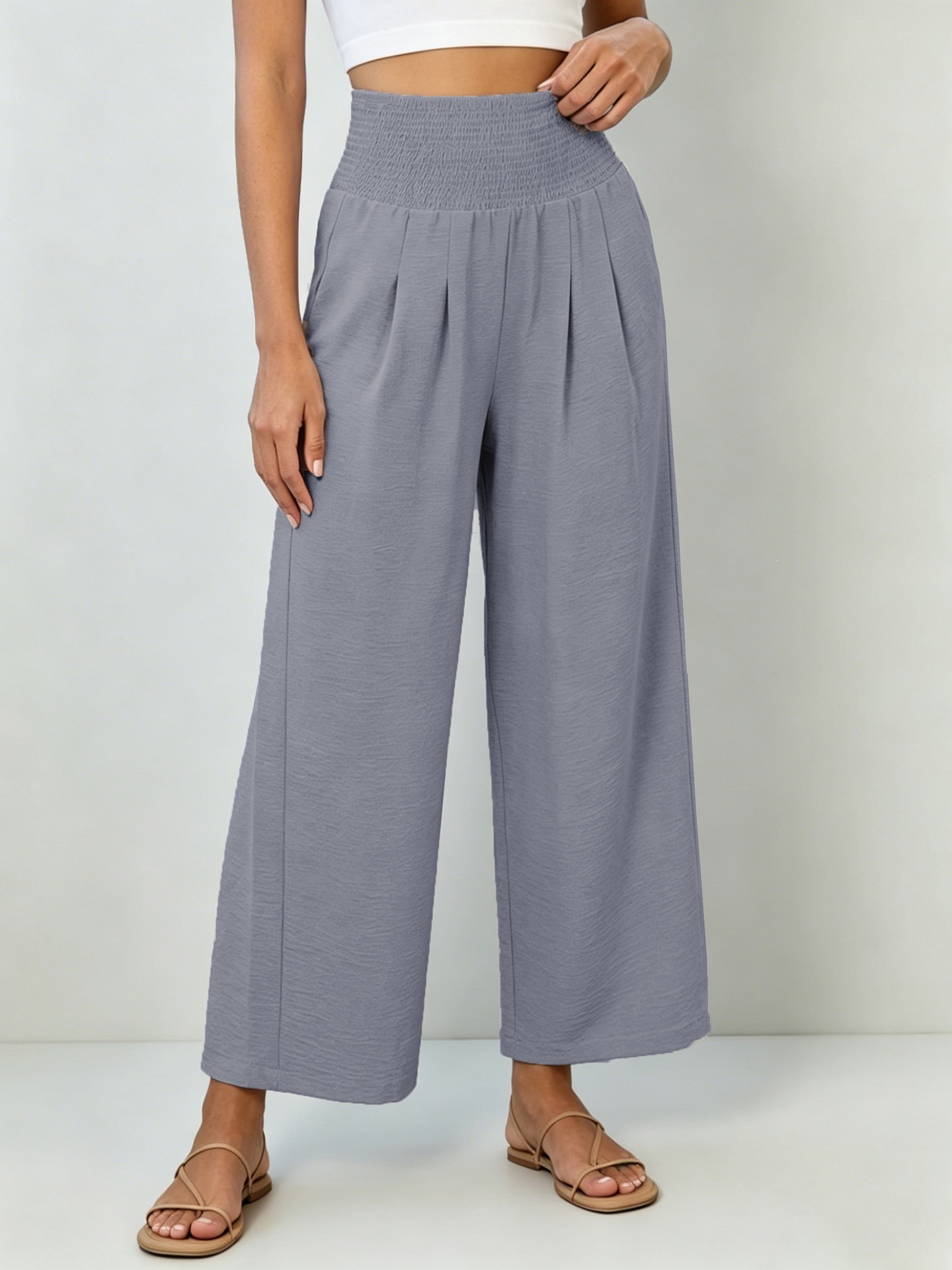 Women's High-Waist Smocked Linen-Blend Wide-Leg Cropped Pants