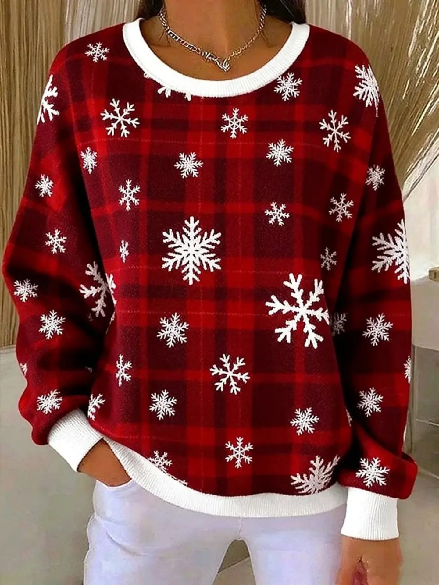 Women's Christmas Bow Plaid Print Crewneck Sweatshirt
