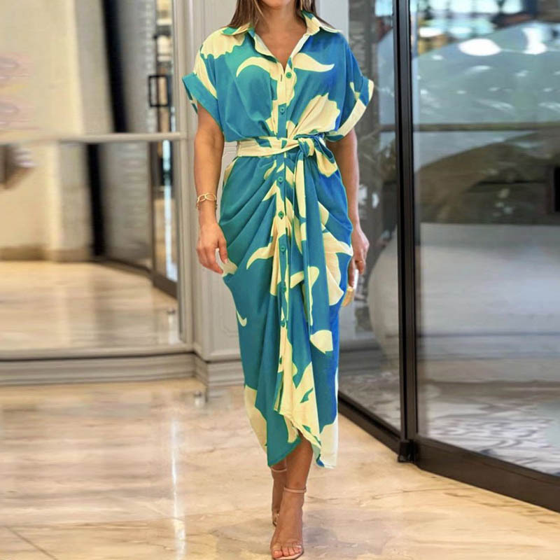 Floral Print Collared Short Sleeve High Waist Long Shirt Dress