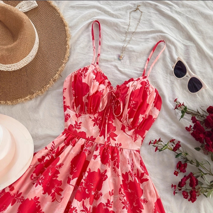 Women's Red Floral Print Spaghetti Strap Ruffle Neck Ruched Bodice Fit and Flare A-Line Dress