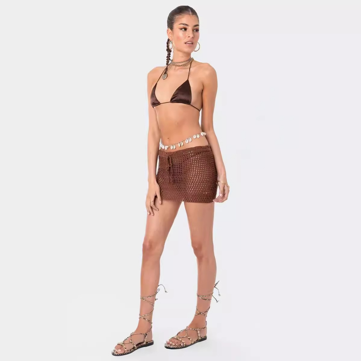 Women's Knit V-Neck Open-Back Halter Cami & Sheer Mini Skirt Sexy Two-Piece Set