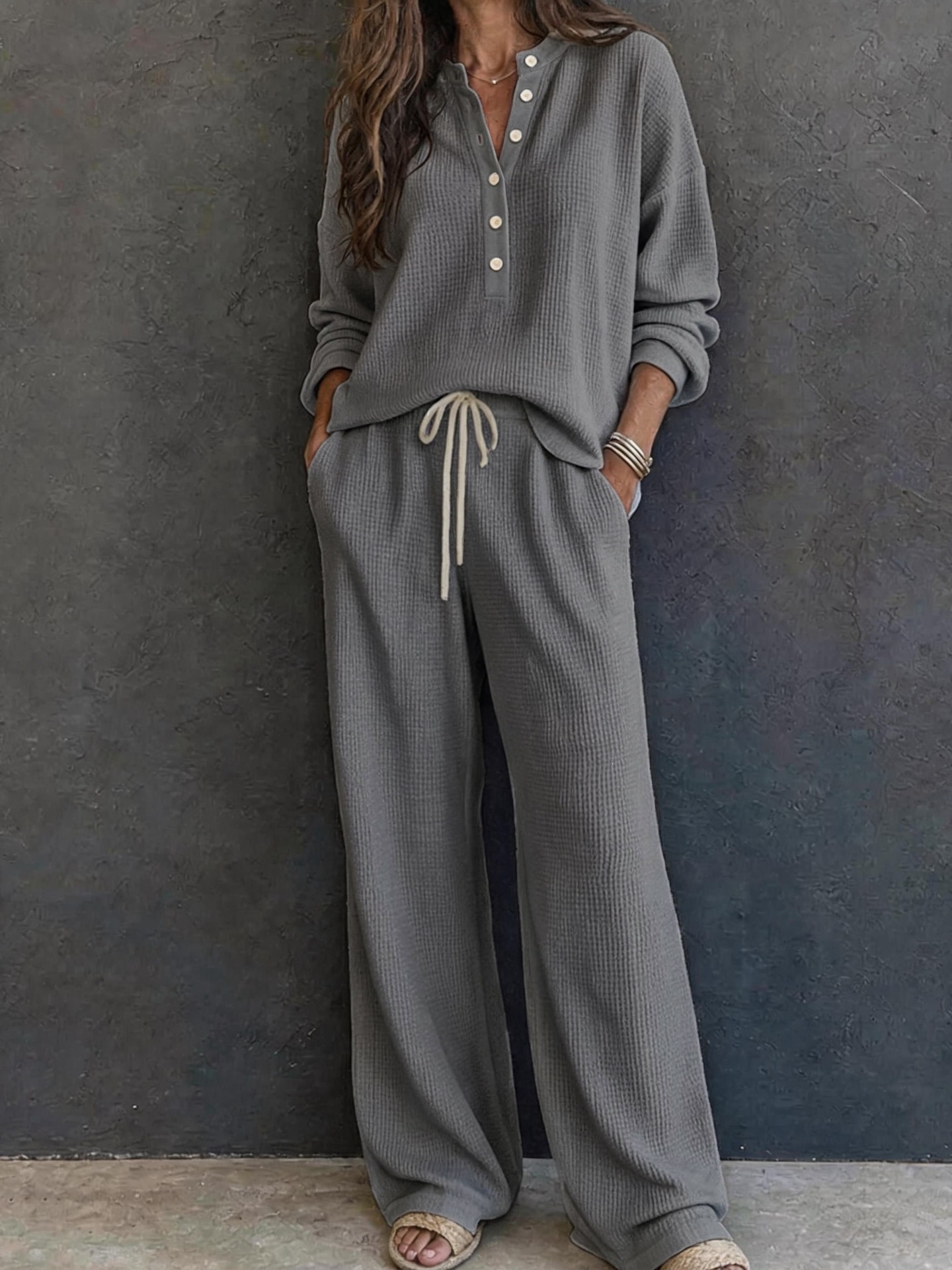 Women's Retro Waffle Knit Long Sleeve Top and Pants Set