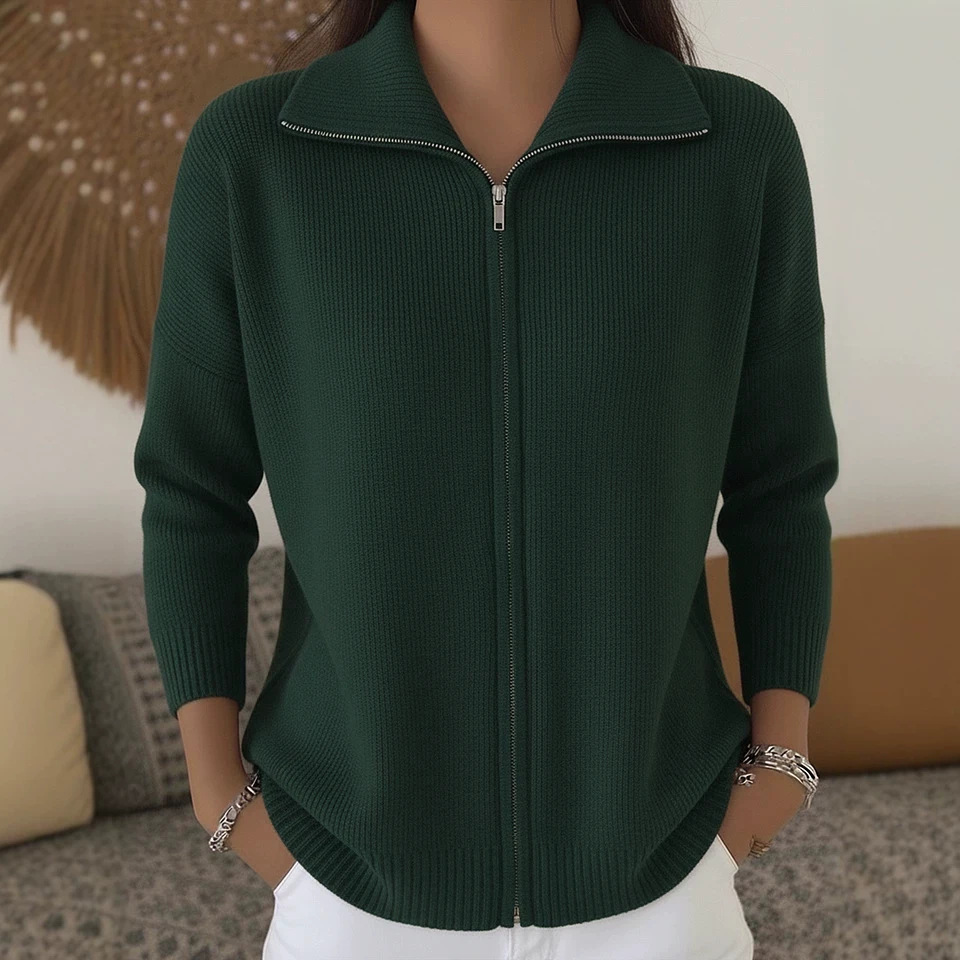 Women's Zip-Up Knit Cardigan with Collar, Solid Color, Relaxed Fit