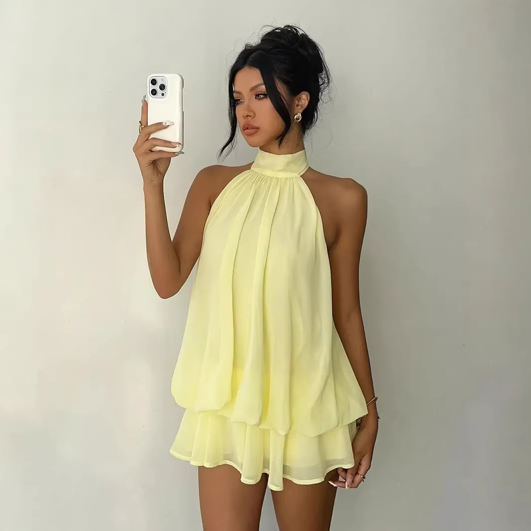 Solid Color Halter Neck Open Back Fitted Top Puff Skirt Dress