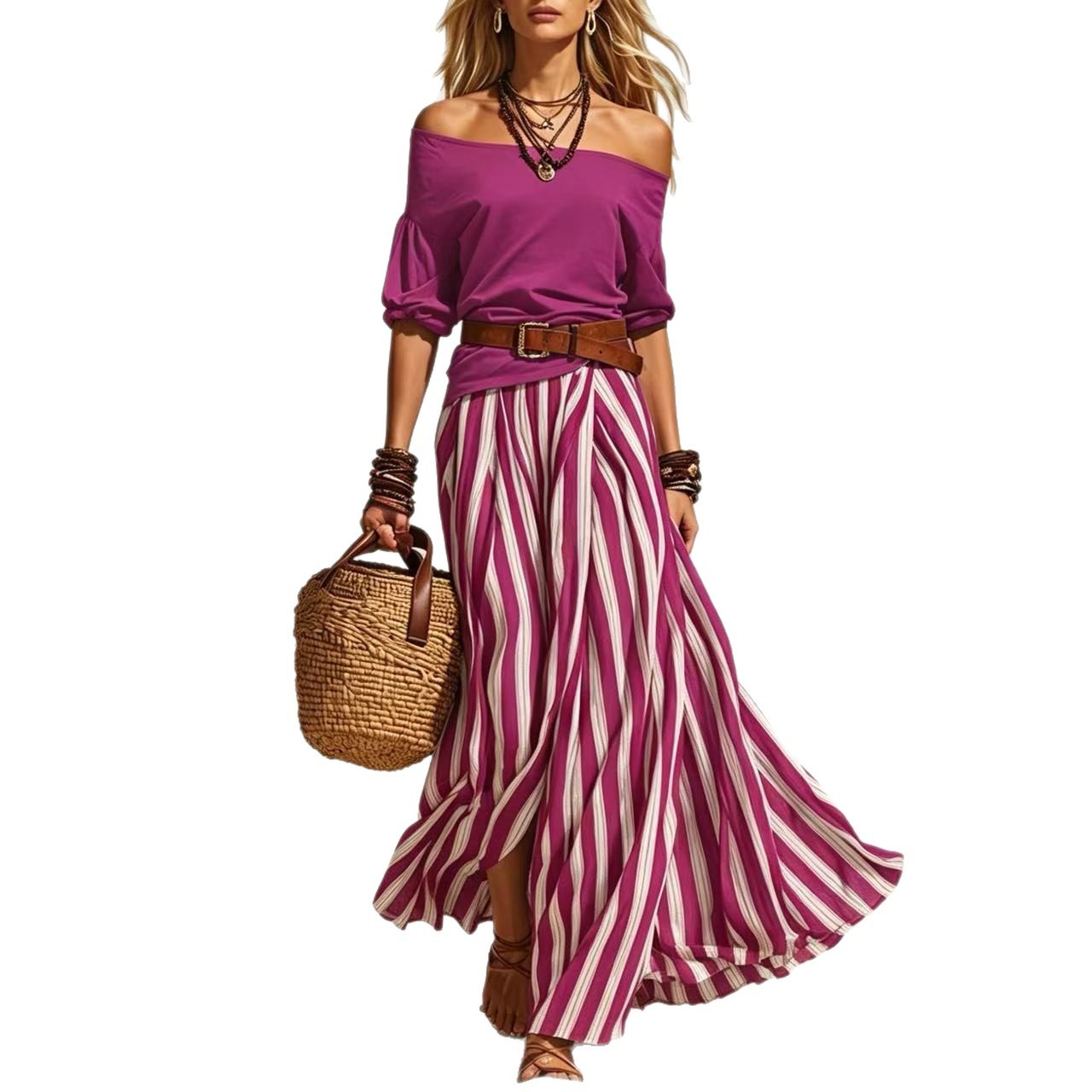 Off-Shoulder Top and Slit Skirt Two-Piece Set