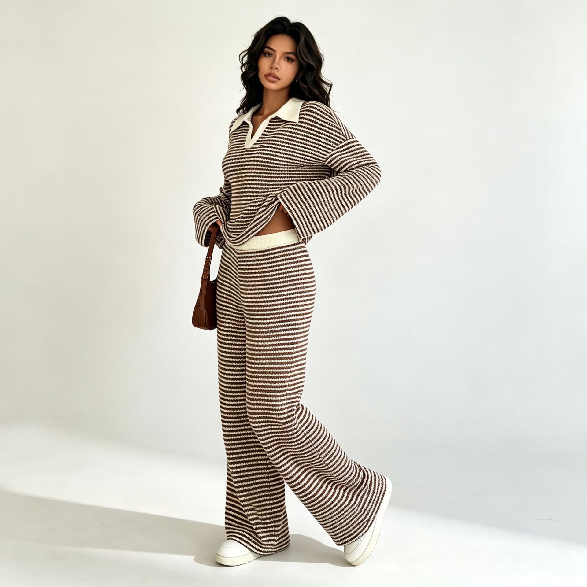 Striped Textured Polo Long Sleeve Top & High-Waist Wide-Leg Pants Set