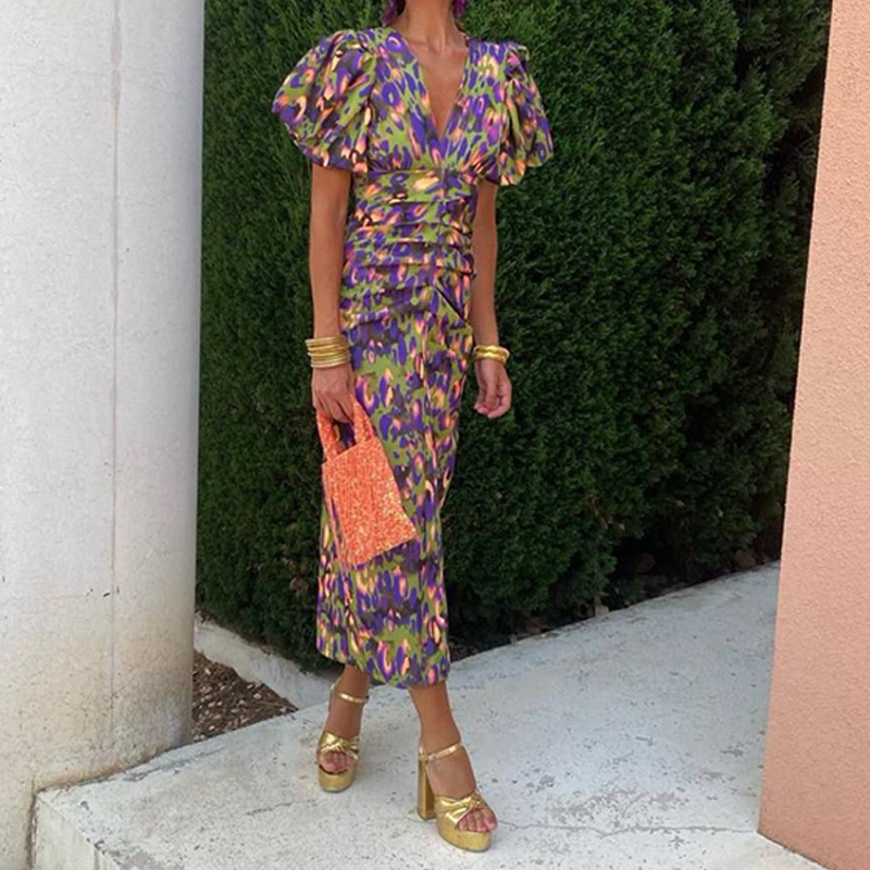 Women's Colorblock Print Short Sleeve Midi Dress
