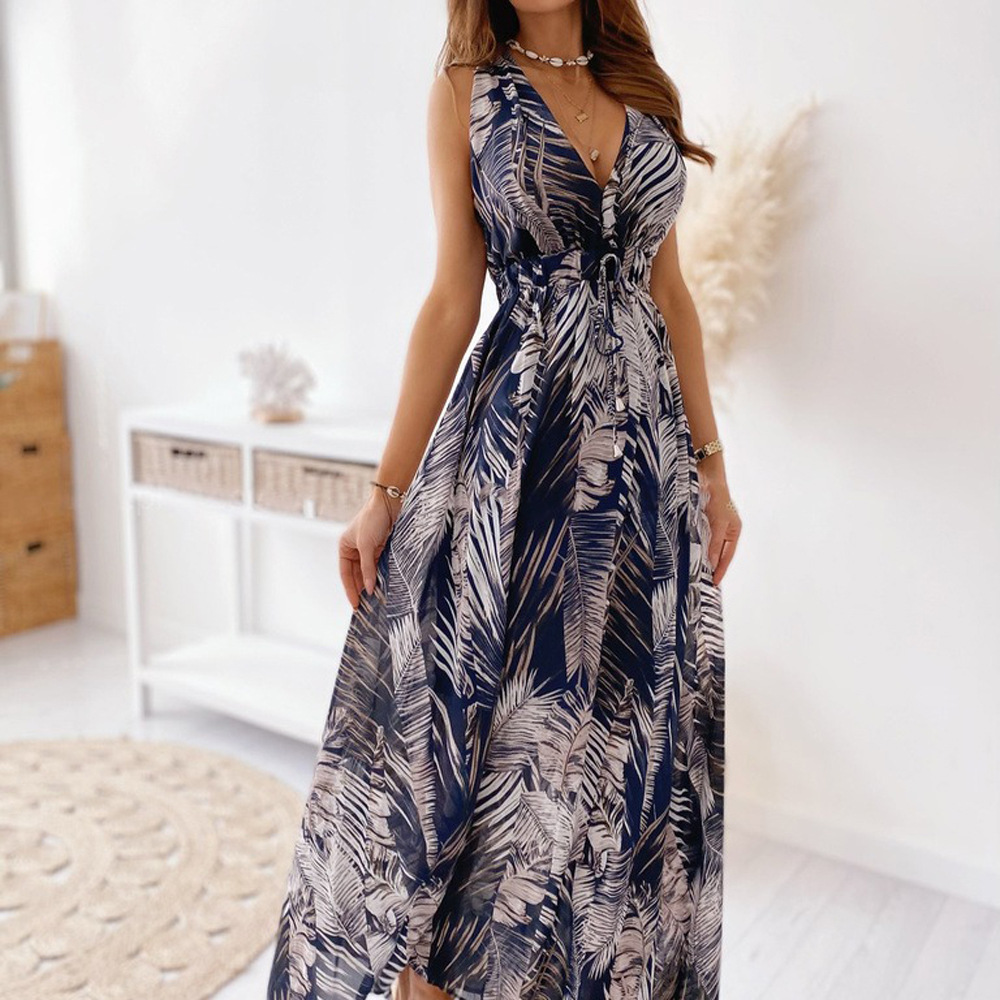Open-Back Floral Print Tie-Waist Casual Maxi Dress