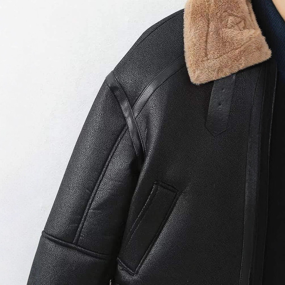 Women's Vintage Black Faux Leather & Brown Fleece Paneled Jacket