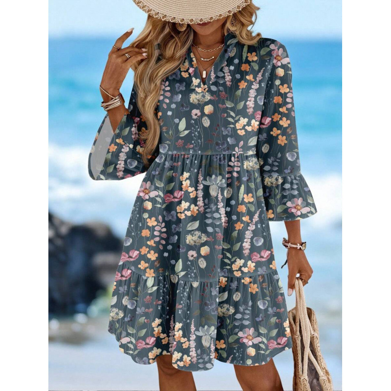 Boho V-Neck Midi Dress Floral Print Bell Sleeve A-Line