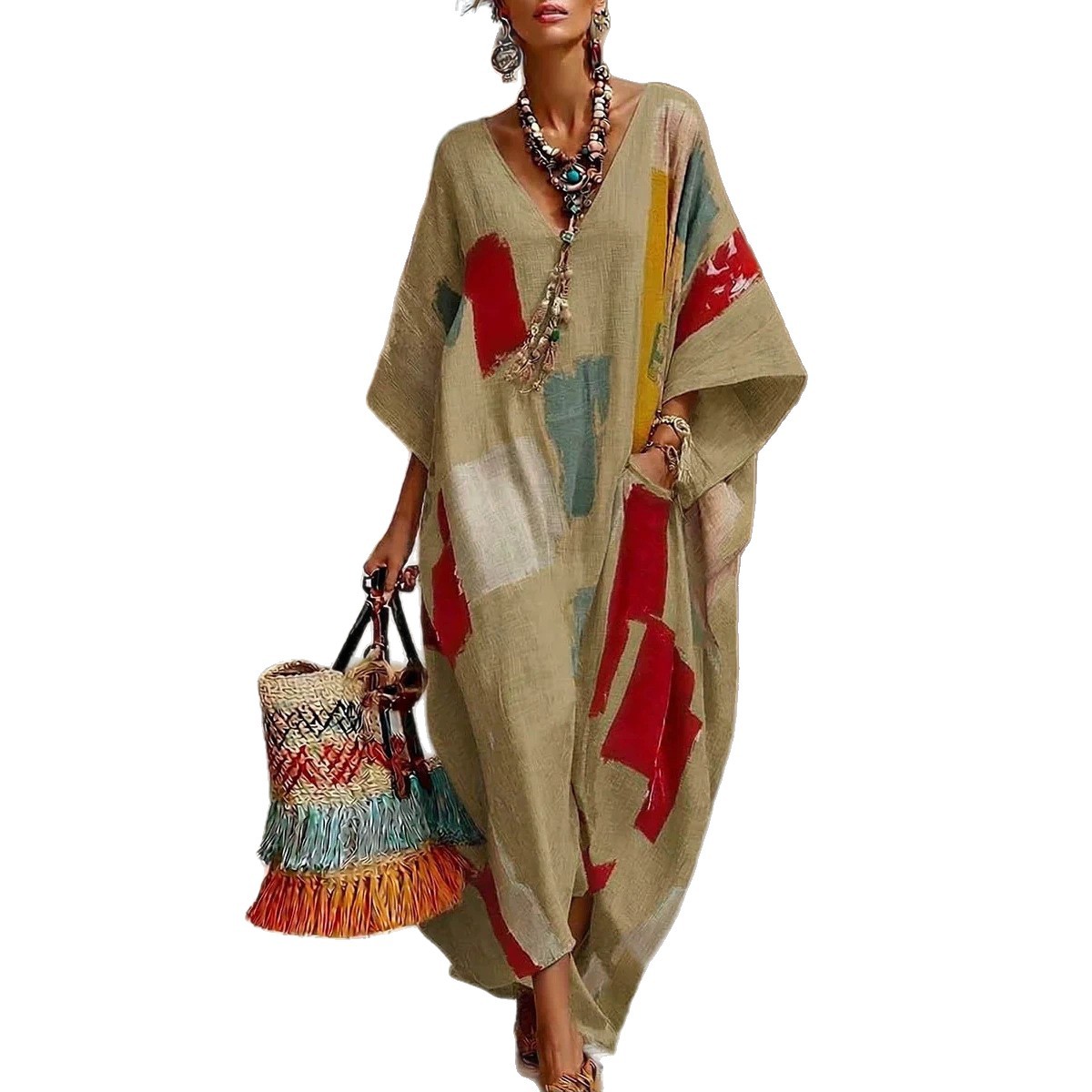 Women's Boho Ethnic Print A-Line Dress with Pockets