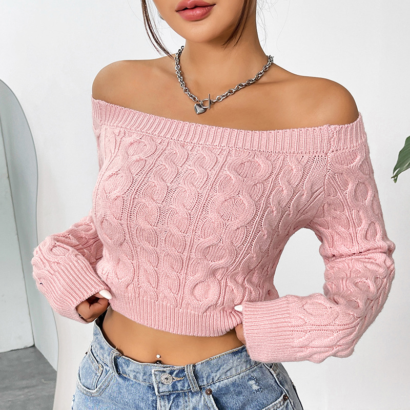 Women's Off-Shoulder Cropped Knit Sweater Slim Fit Sweet Pink
