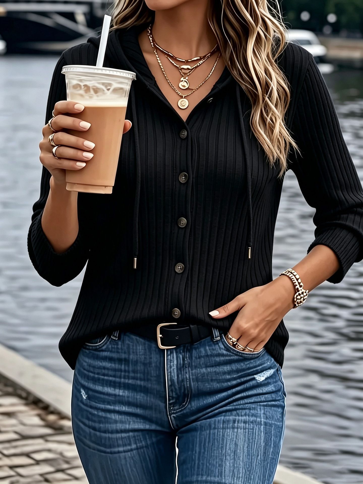 Women's Button-Up Hooded Knit Top Long Sleeve Solid Color