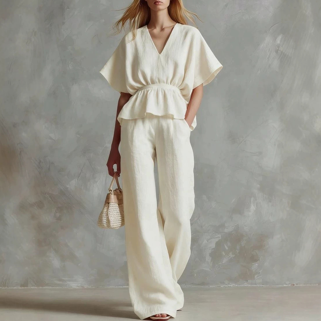 V-Neck Cinched Top and Wide-Leg Pants Two-Piece Set