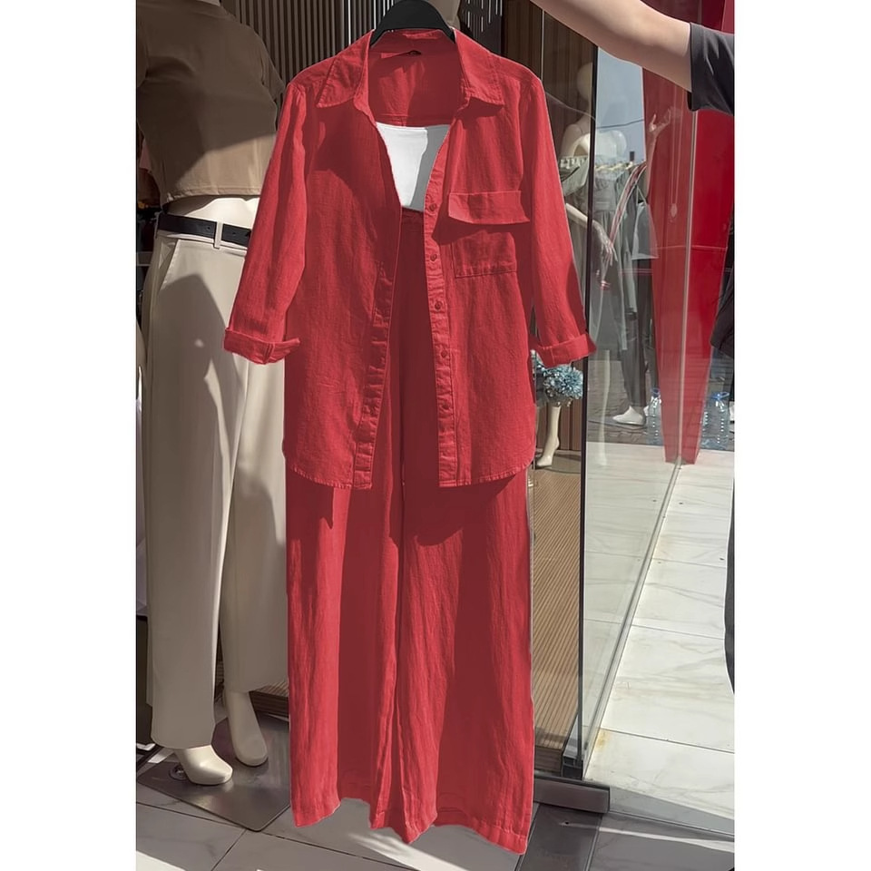 Women's 2-Piece Cotton-Linen Shirt and High-Waist Wide-Leg Pants Set