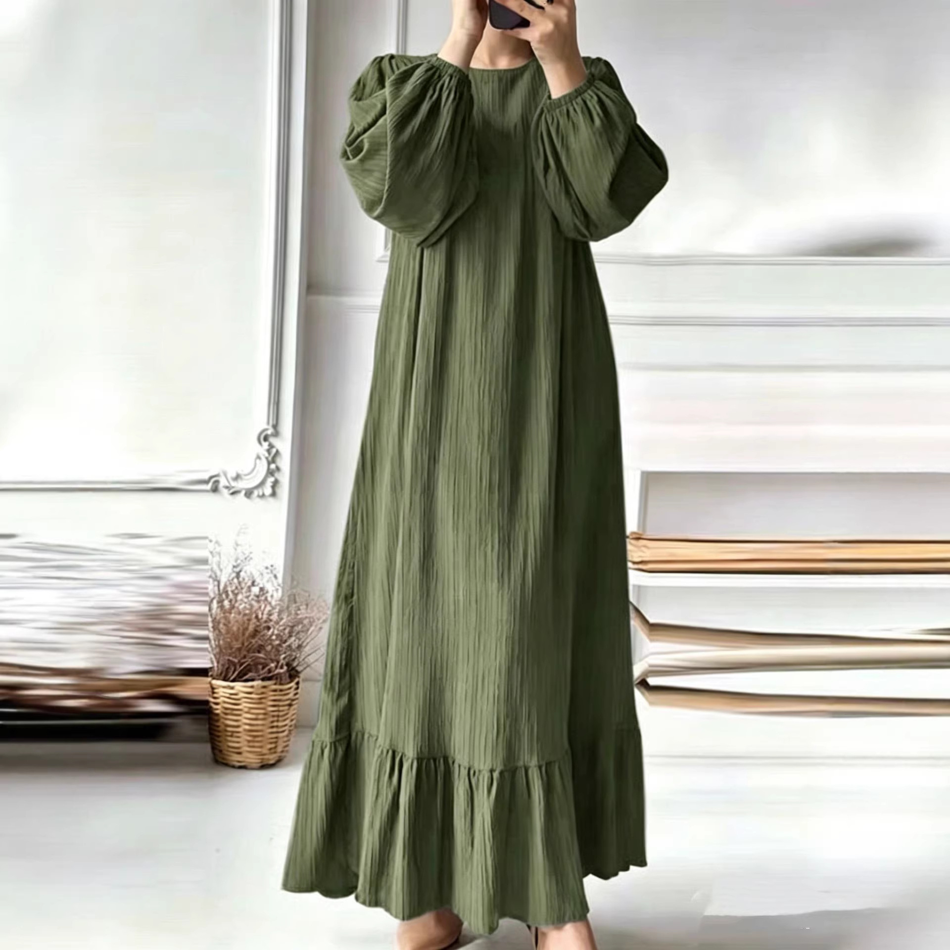 Women's Puff Sleeve Ruffle Hem Long Dress Solid Color