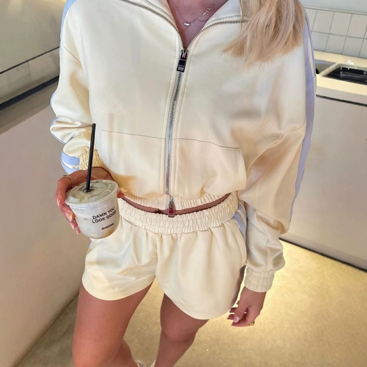 Side-Stripe Track Shorts Set with Zip-Up Loose Jacket and High-Waist Shorts