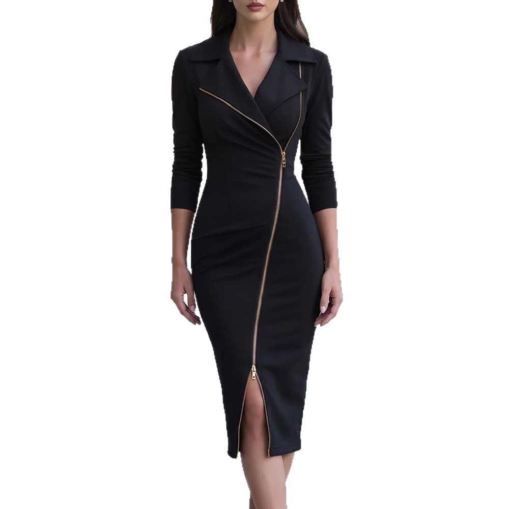 Women's Solid Color Long Sleeve Midi Dress with Waist Cinch