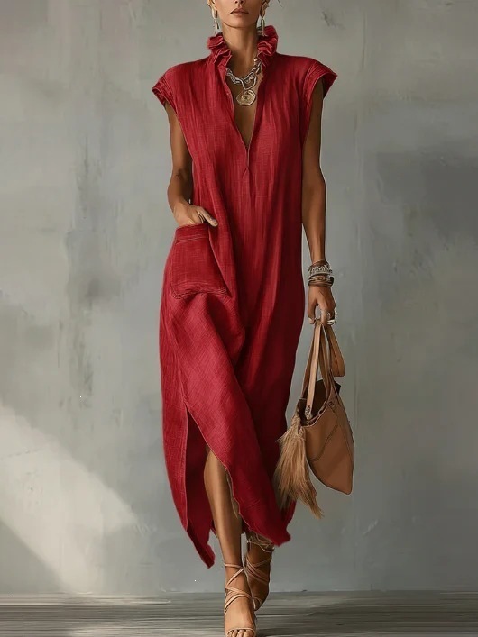 Women's Summer Sleeveless V-Neck Cotton-Linen Dress Loose A-Line Midi