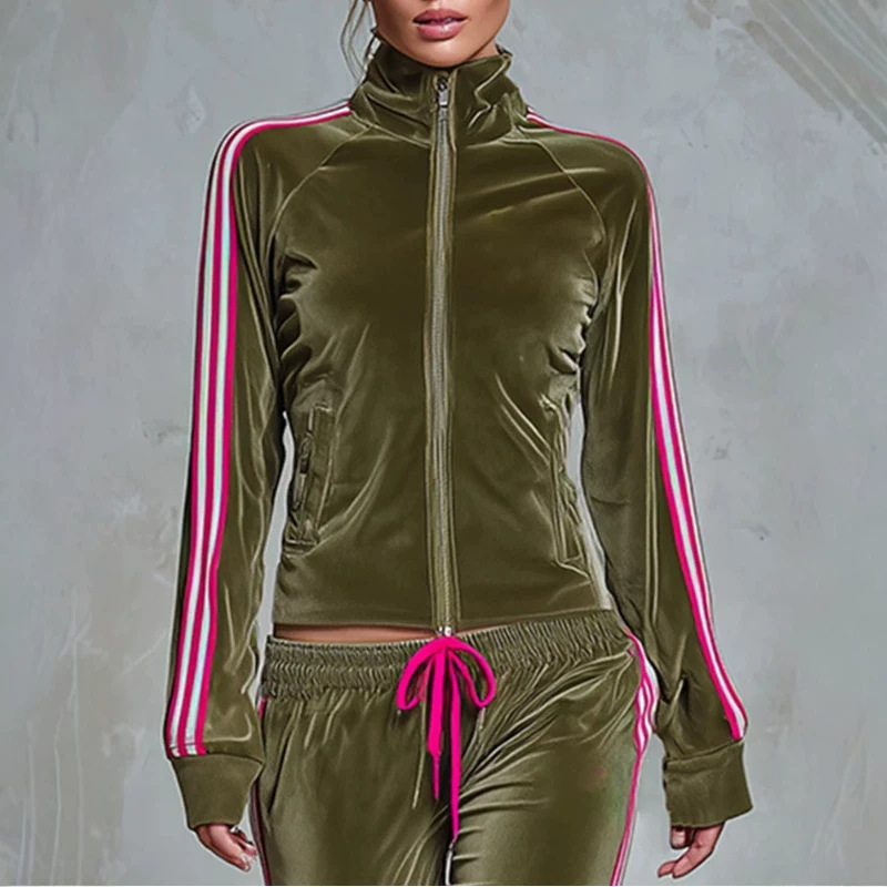 Women's Velvet Tracksuit Set High Neck Zip Jacket & Wide Leg Pants 2-Piece