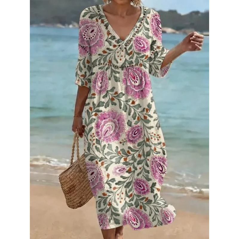 Women's Floral Print Pleated Midi Dress with Deep V-Neck and 3D Effect