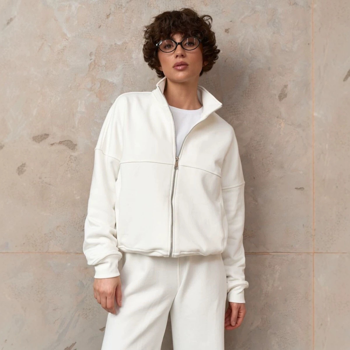 Stand Collar Zip Hoodie & Wide-Leg Sweatpants Set
