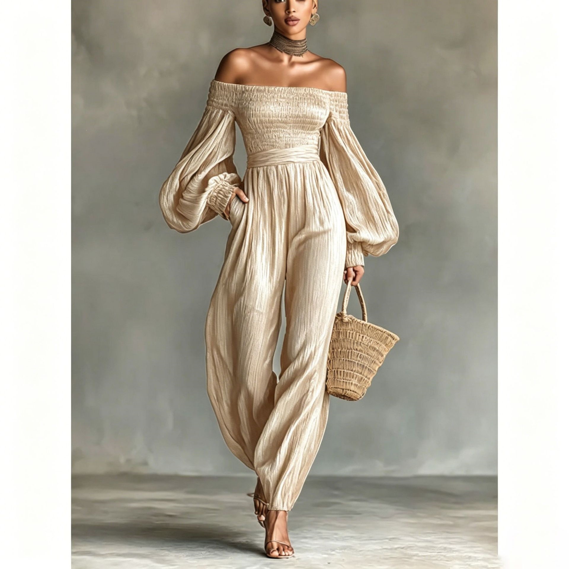Women's Off-Shoulder Long-Sleeve Ruched Paneled Solid Color Jumpsuit