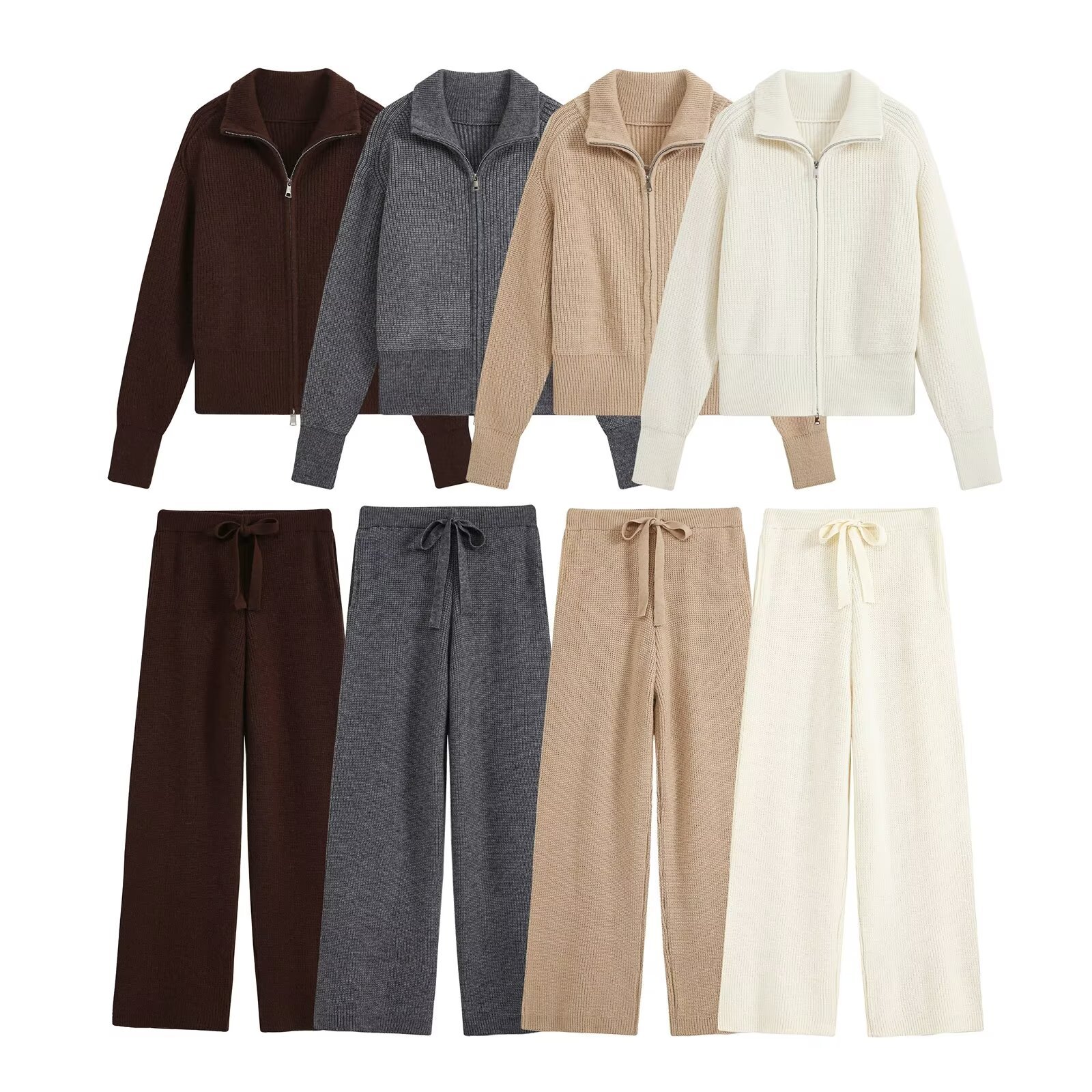 Women's Solid Color Zip Knit Two-Piece Pants Set