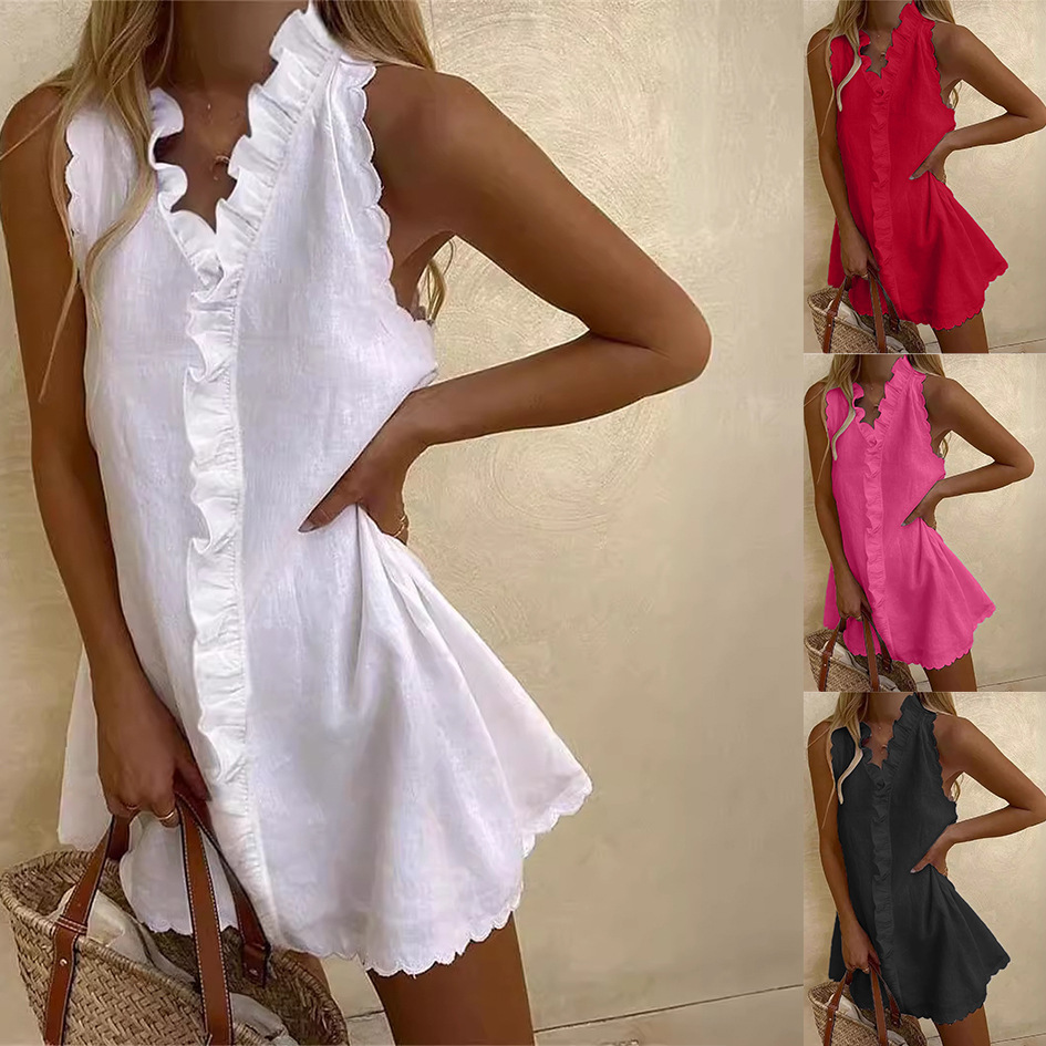 Women's Cotton Linen Solid Color Embroidered Ruffle Sleeveless A-Line Short Dress