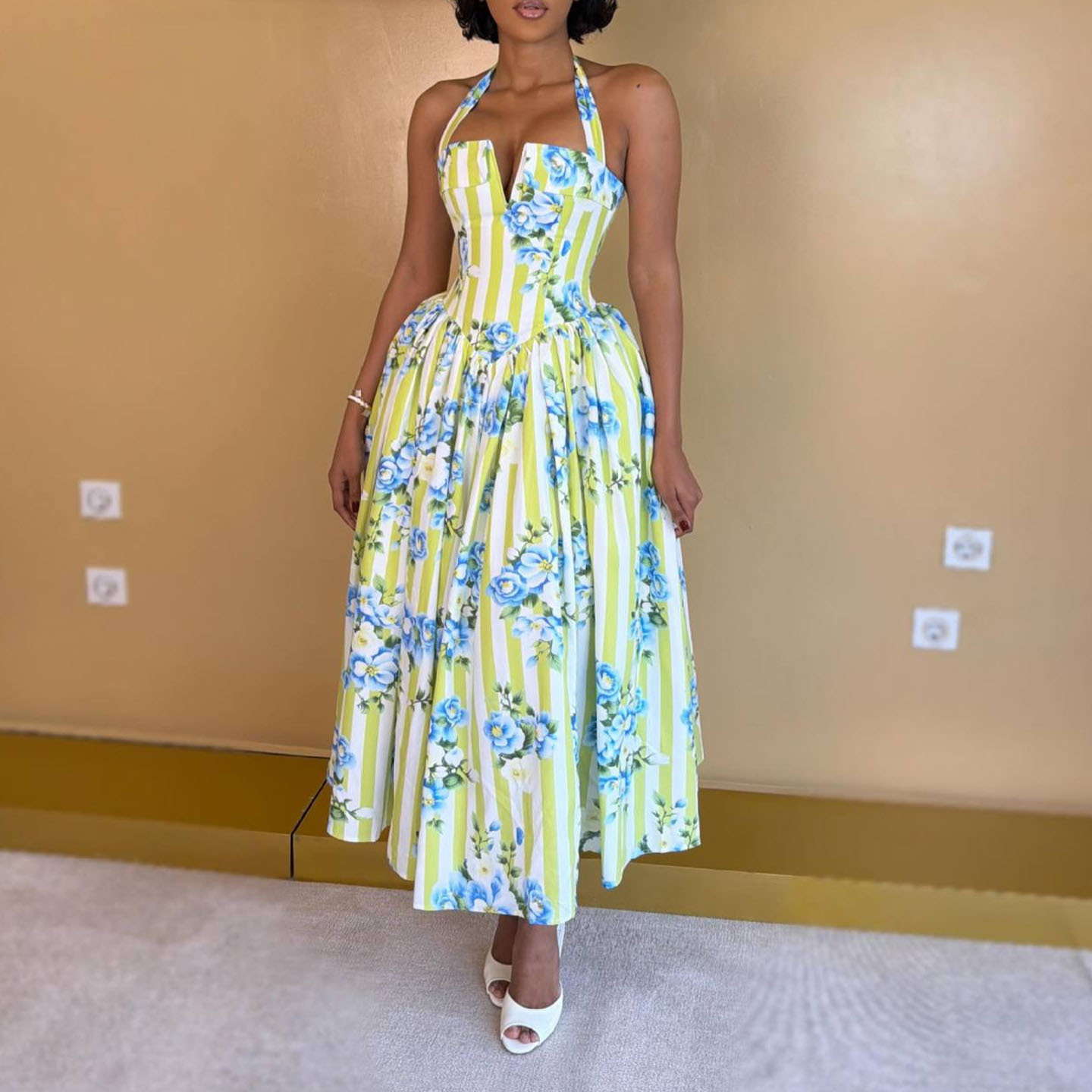 Women's Halter Neck Printed Pleated A-Line Maxi Dress